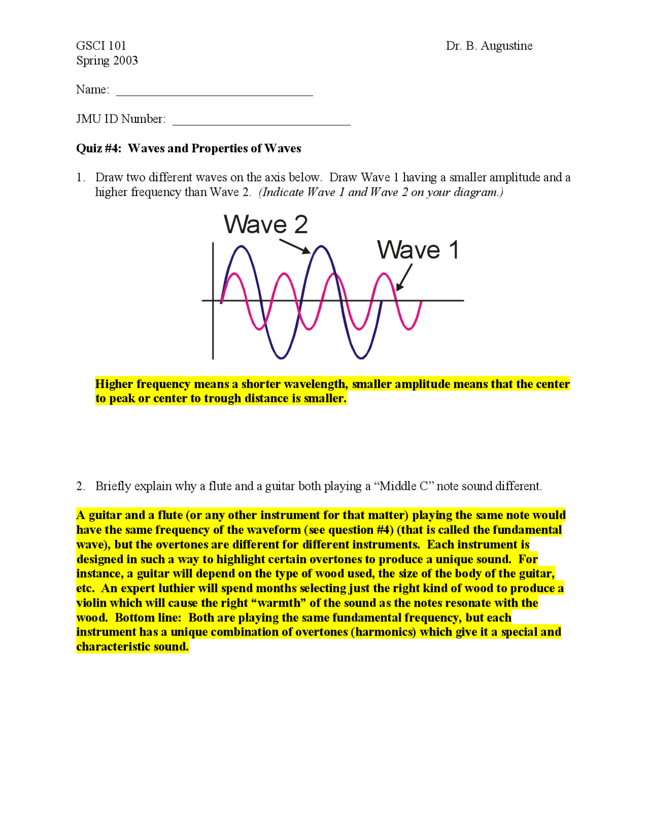 Quiz 4 Solutions - Waves and Properties of Waves | GSCI 101 - Docsity