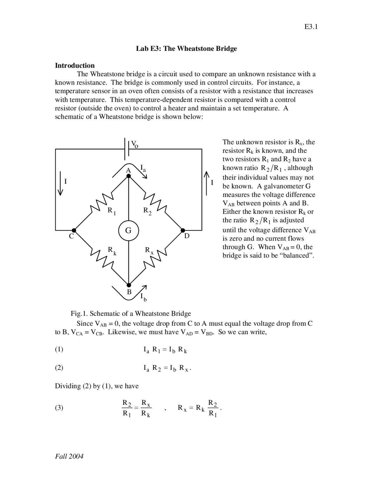 The Wheatstone Bridge - Lab Experiment 3 | PHYS 1140 - Docsity