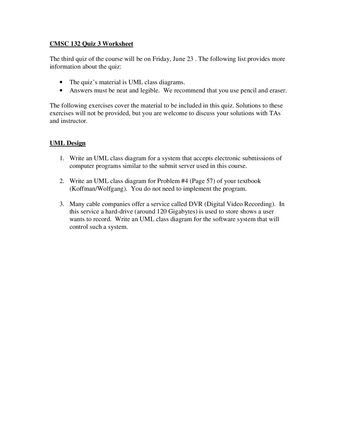 Object-Oriented Program II - Test 3 Worksheet | CMSC 132 - Docsity