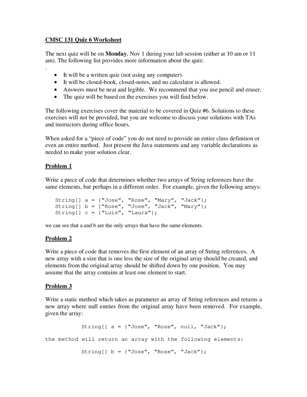 Quiz 6 Worksheet - Object-Oriented Programming I | CMSC 131 - Docsity