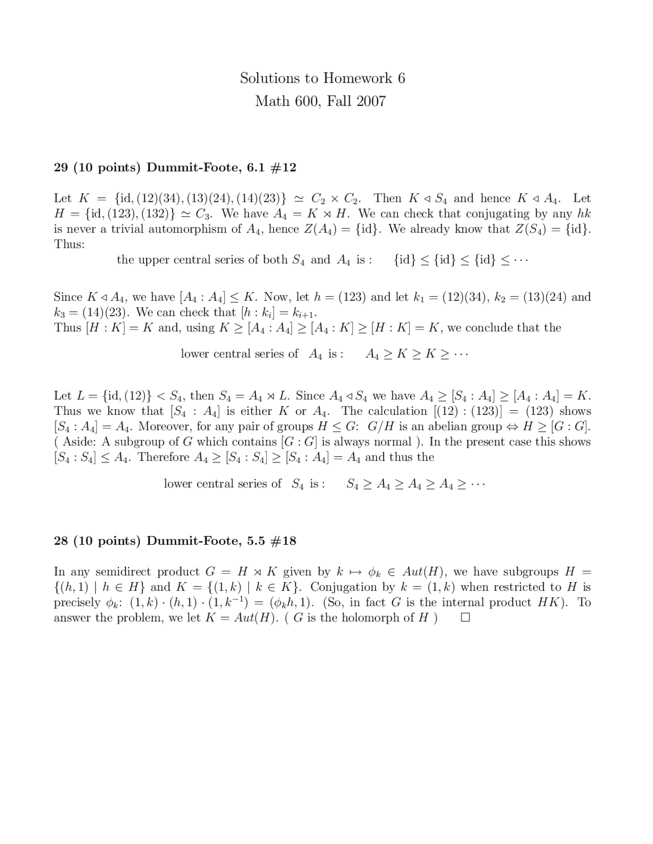 Solutions to Homework 6 - Abstract Algebra I | MATH 600 - Docsity