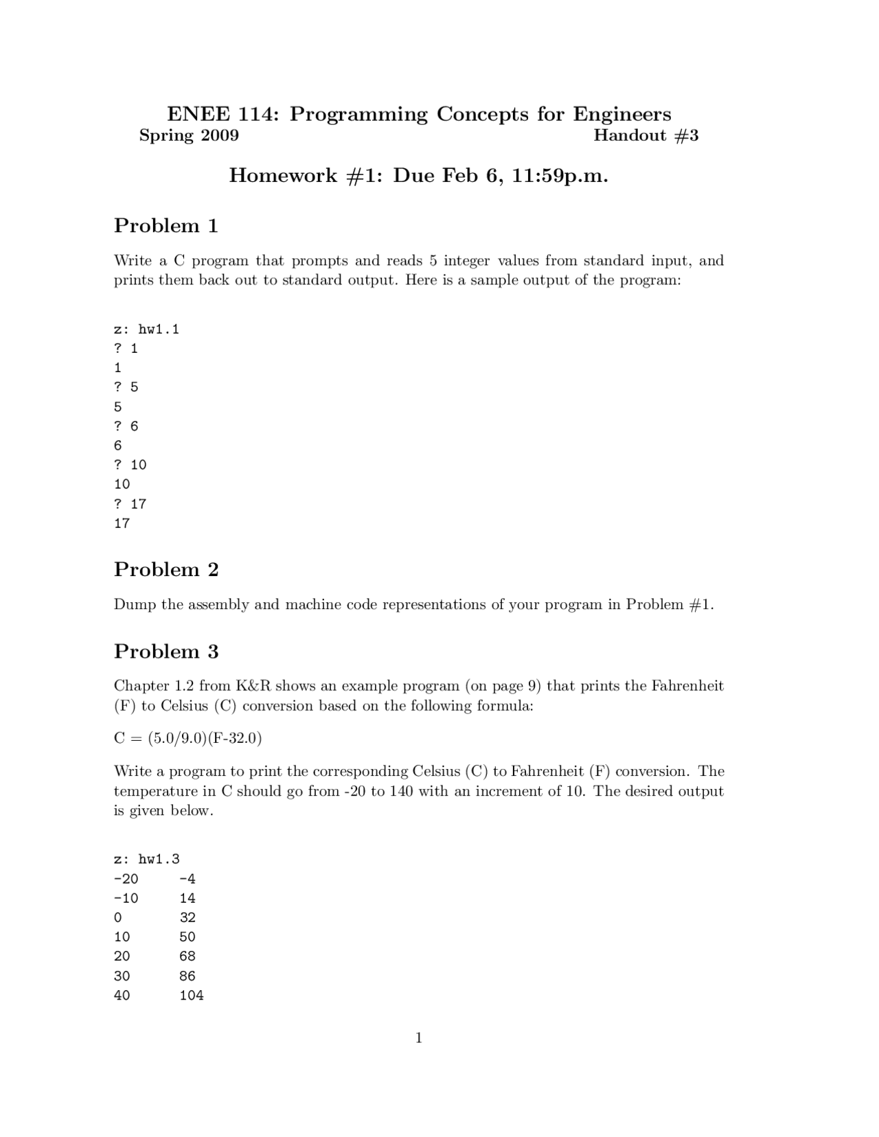 Homework 1, Programming Concepts for Engineers - Handout #3 | ENEE 114 ...