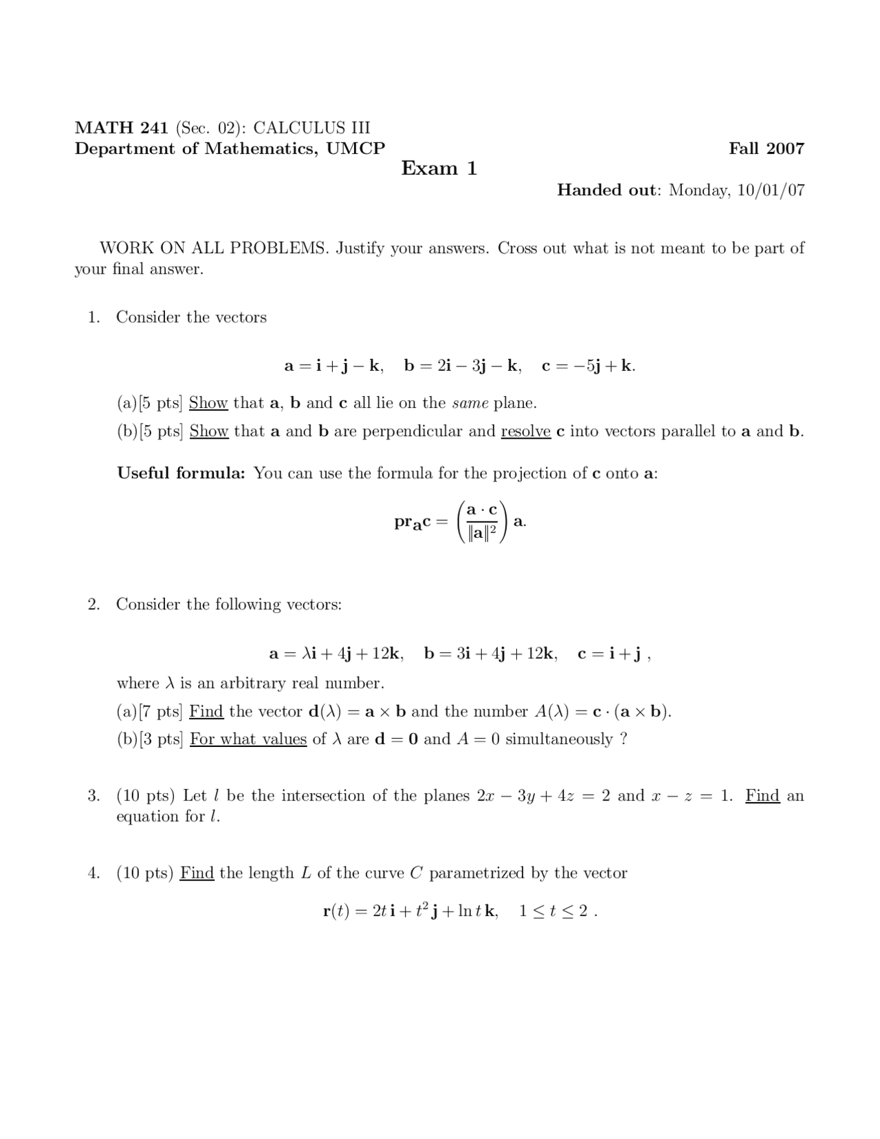 Exam 1 - Mathematics, Calculus III | MATH 241 - Docsity