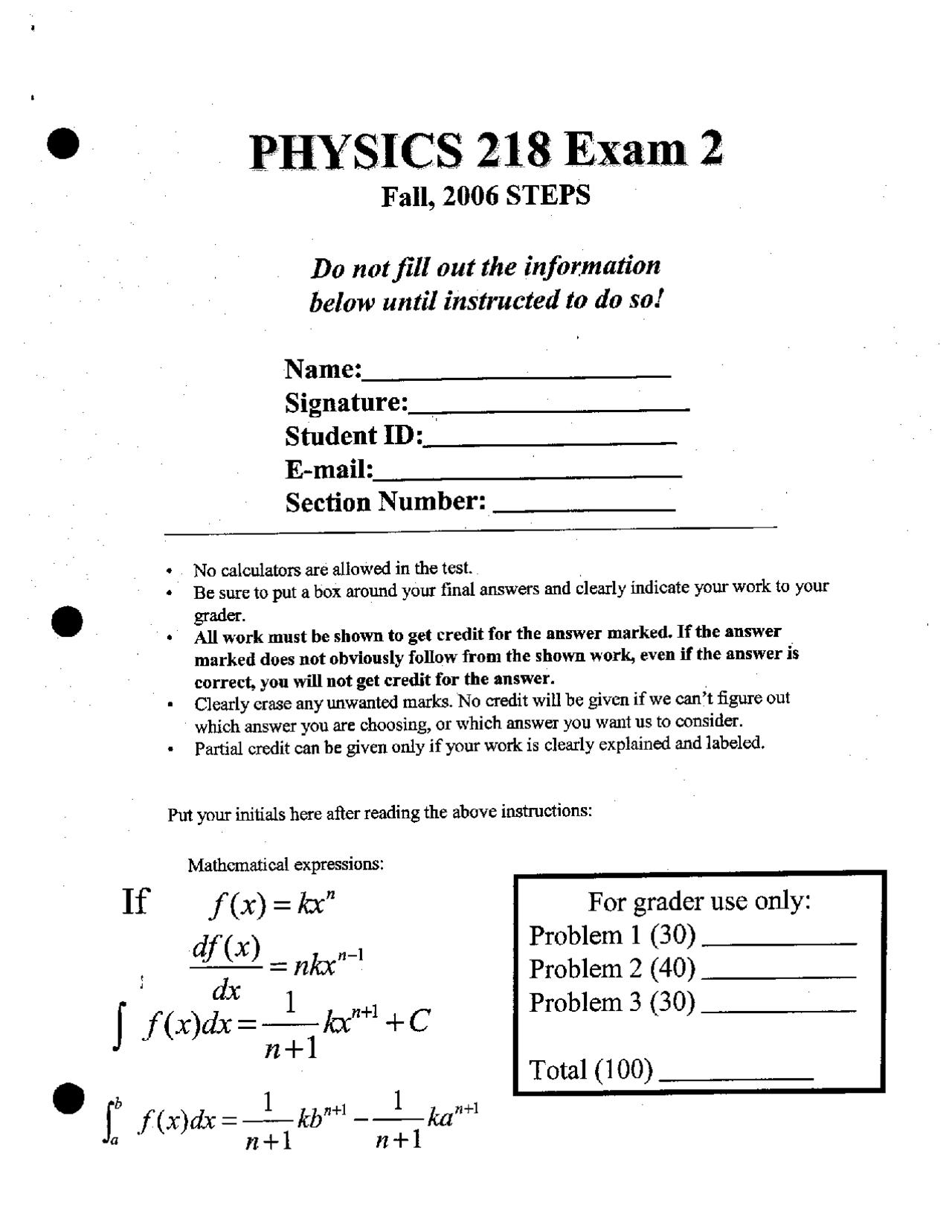 Solution for Exam 2 Problems - Mechanics | PHYS 218 - Docsity