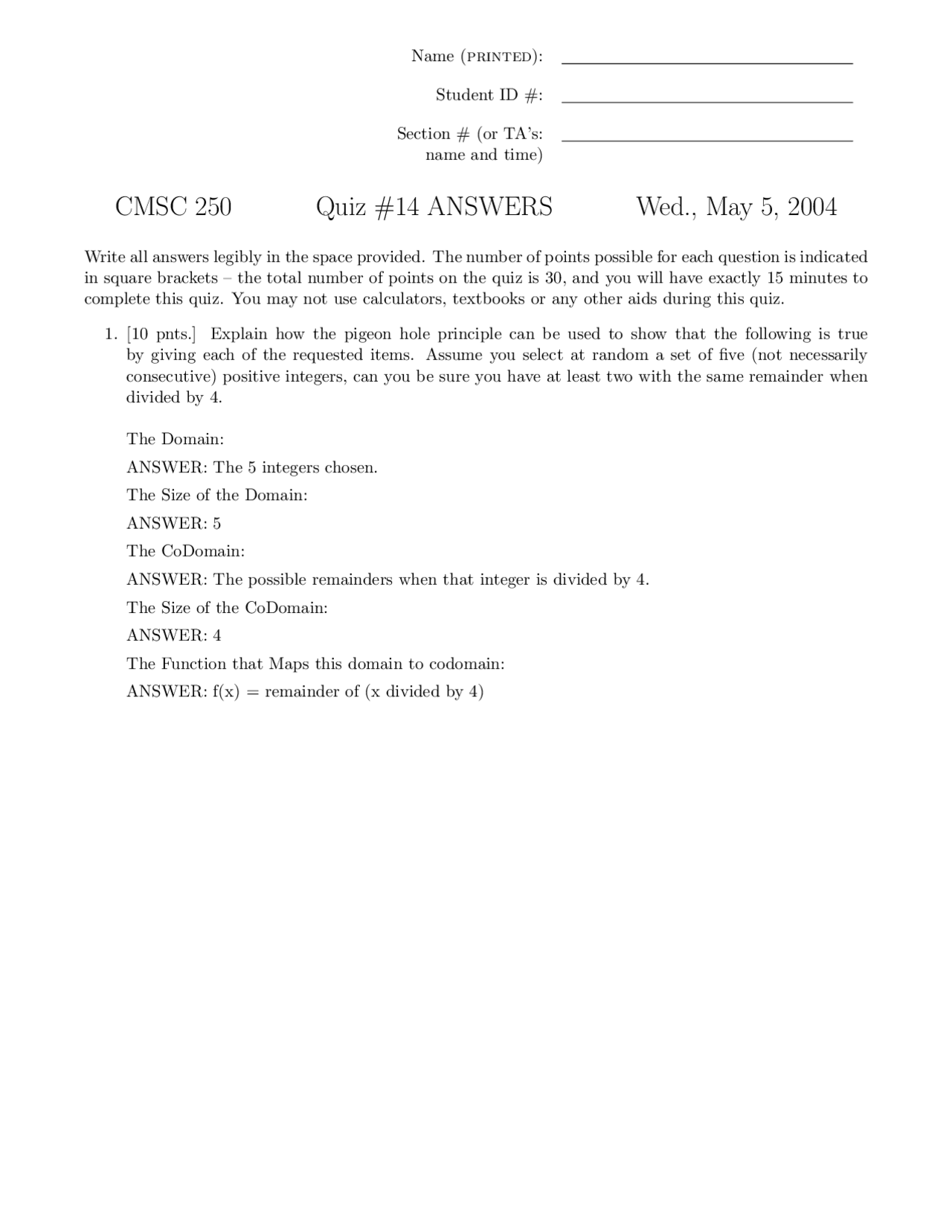 Quiz 14 Answers for Discrete Structures | CMSC 250 - Docsity