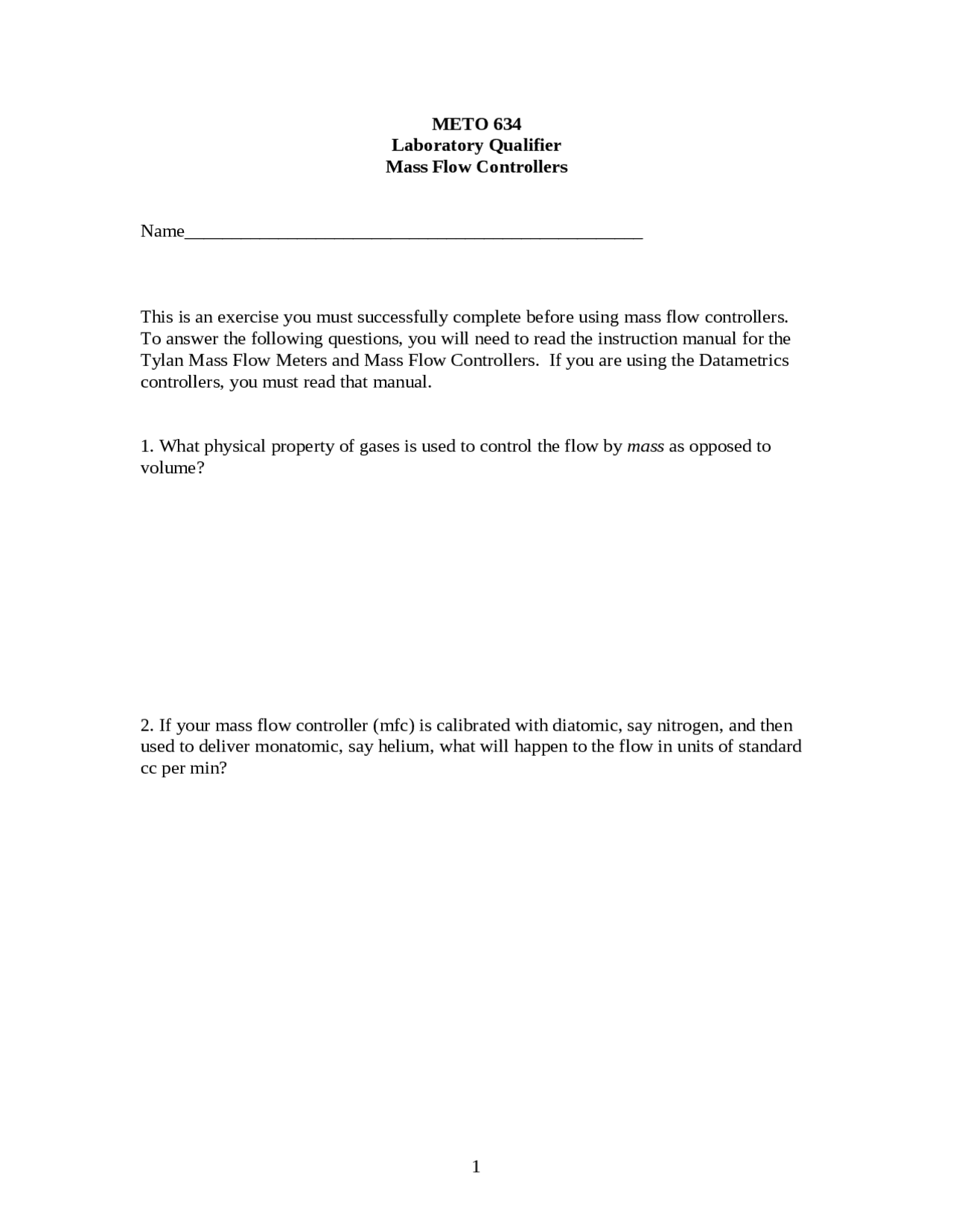 Laboratory Qualifier Mass Flow Controllers METO 634 Docsity