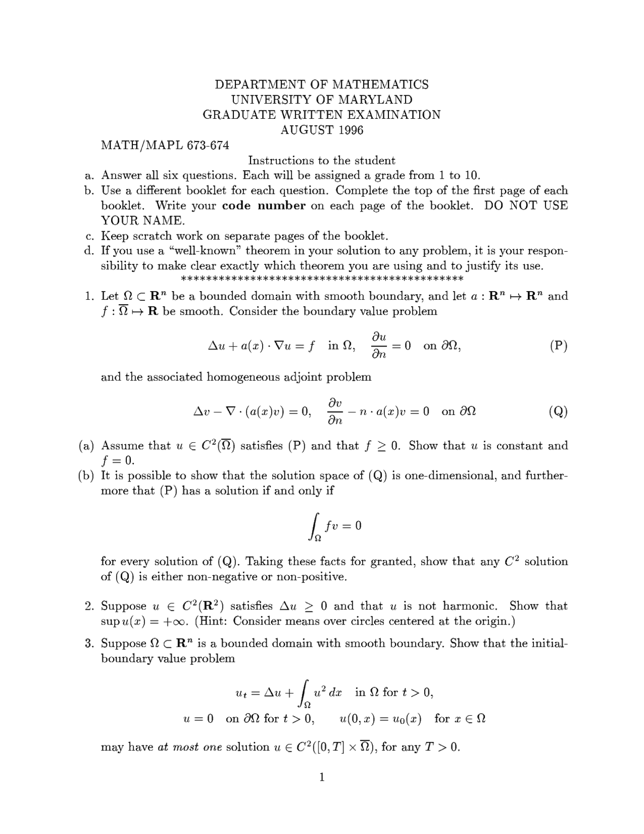 Questions In Exam Partial Differential Equation I Math 673 Docsity