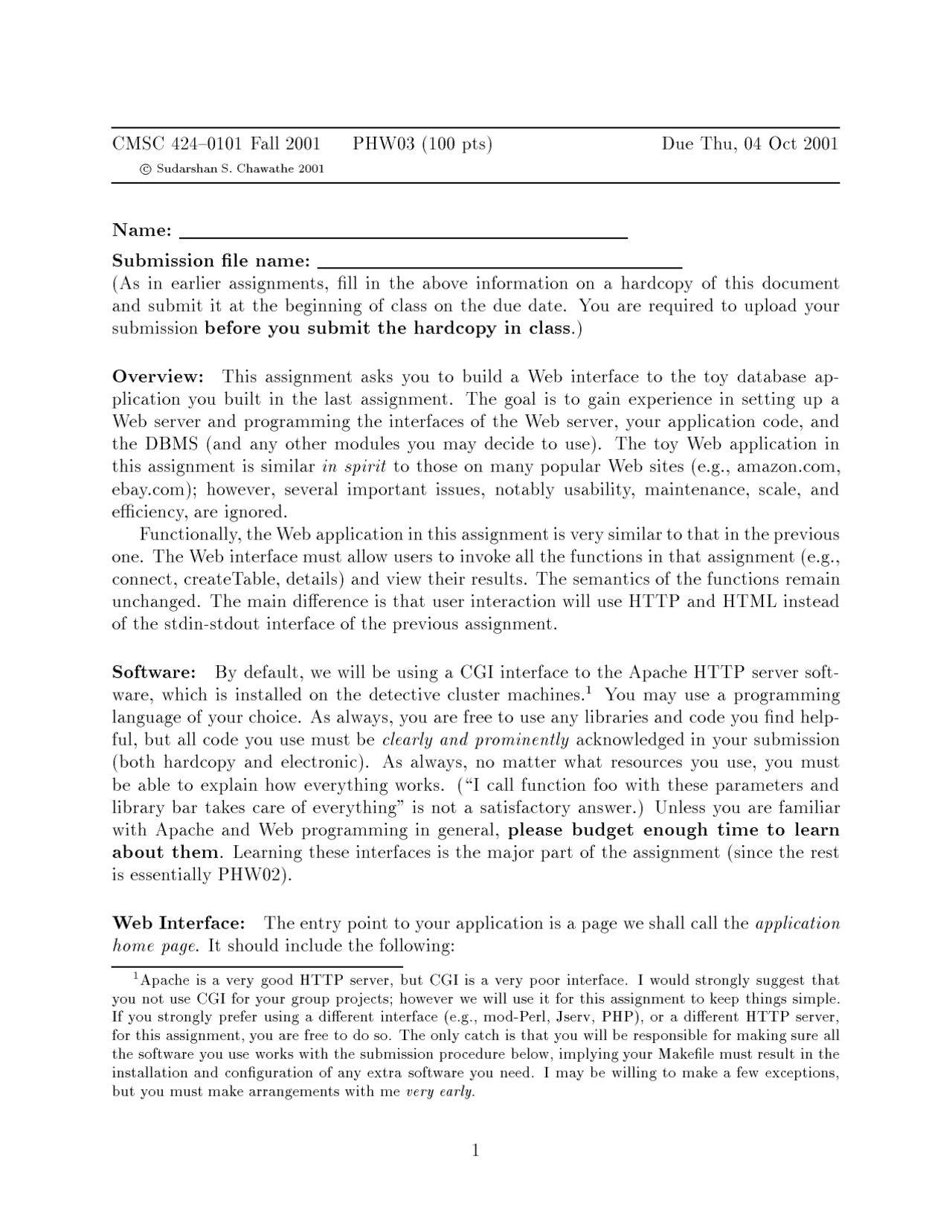 Homework 3 - Database Design - Fall 2001 | CMSC 424 - Docsity