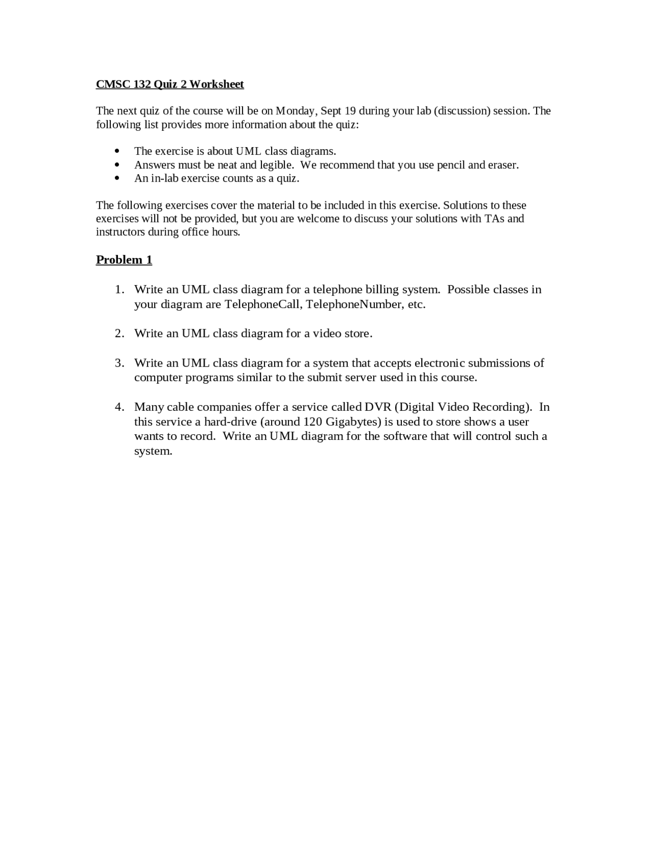 Quiz 2 Worksheet - Object Oriented Programming II | CMSC 132 - Docsity