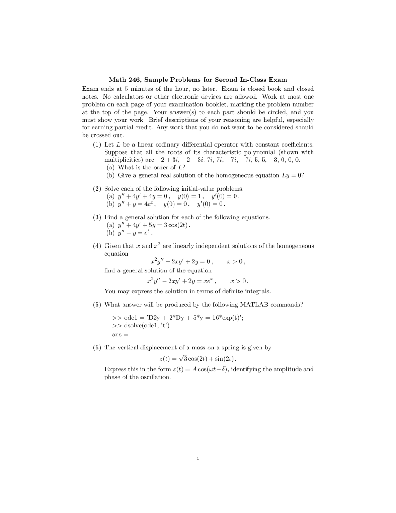 Differential Equation for Science and Engineering - Class Exam | MATH ...