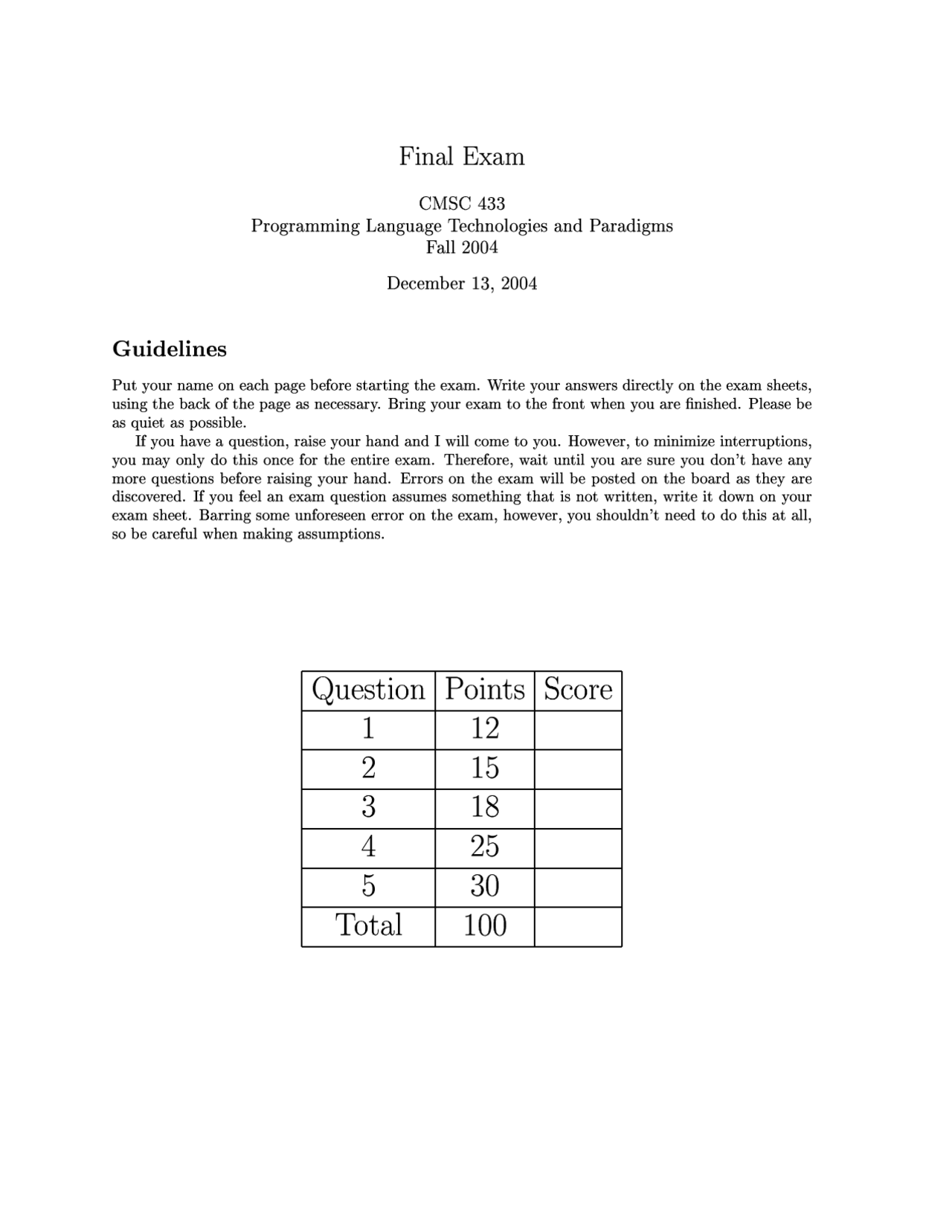 Final Exam Guideline for Programming Language Technology and Paradigms ...