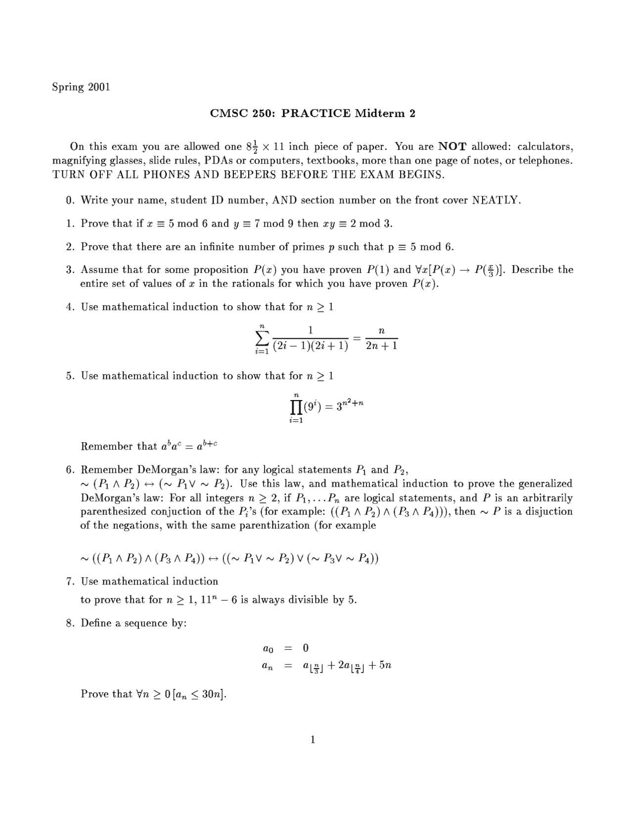 8 Problems In Examination 2 On Discrete Mathematics Structure Cmsc 250 Docsity