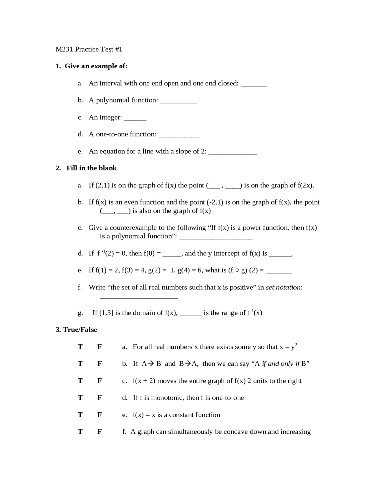 Practice Test 1 for Calculus with Function I | MATH 231 - Docsity