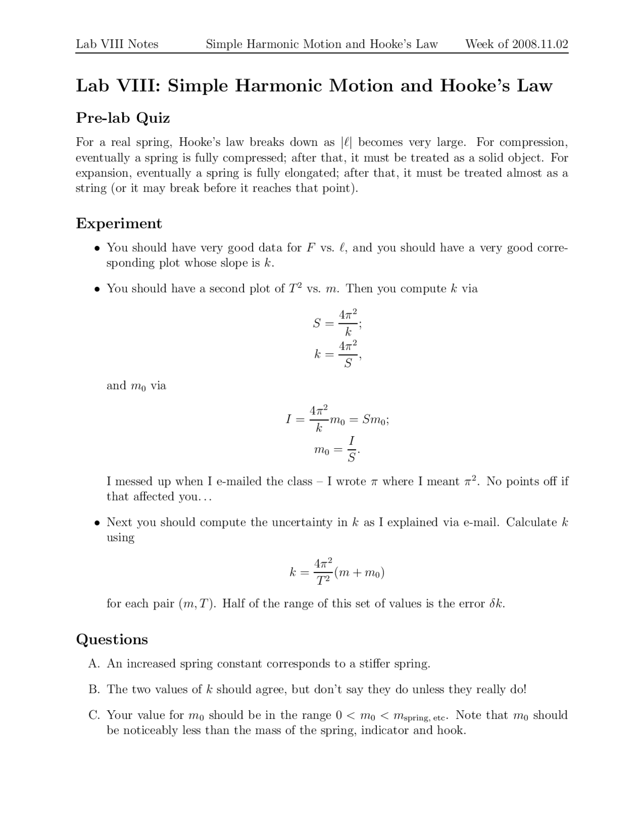 Simple Harmonic Motion and Hooke's Law Lab 8 PHYS 141 Docsity