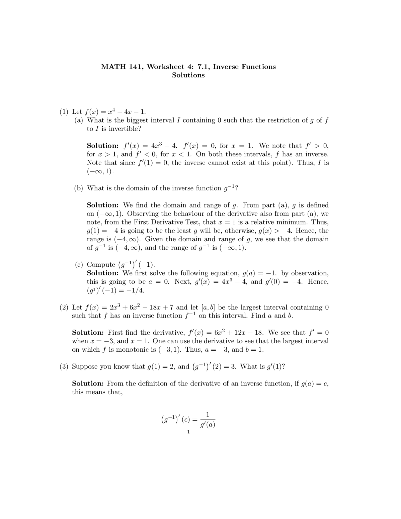 Worksheet Solutions - Increase Functions - Calculus II | MATH 141 - Docsity