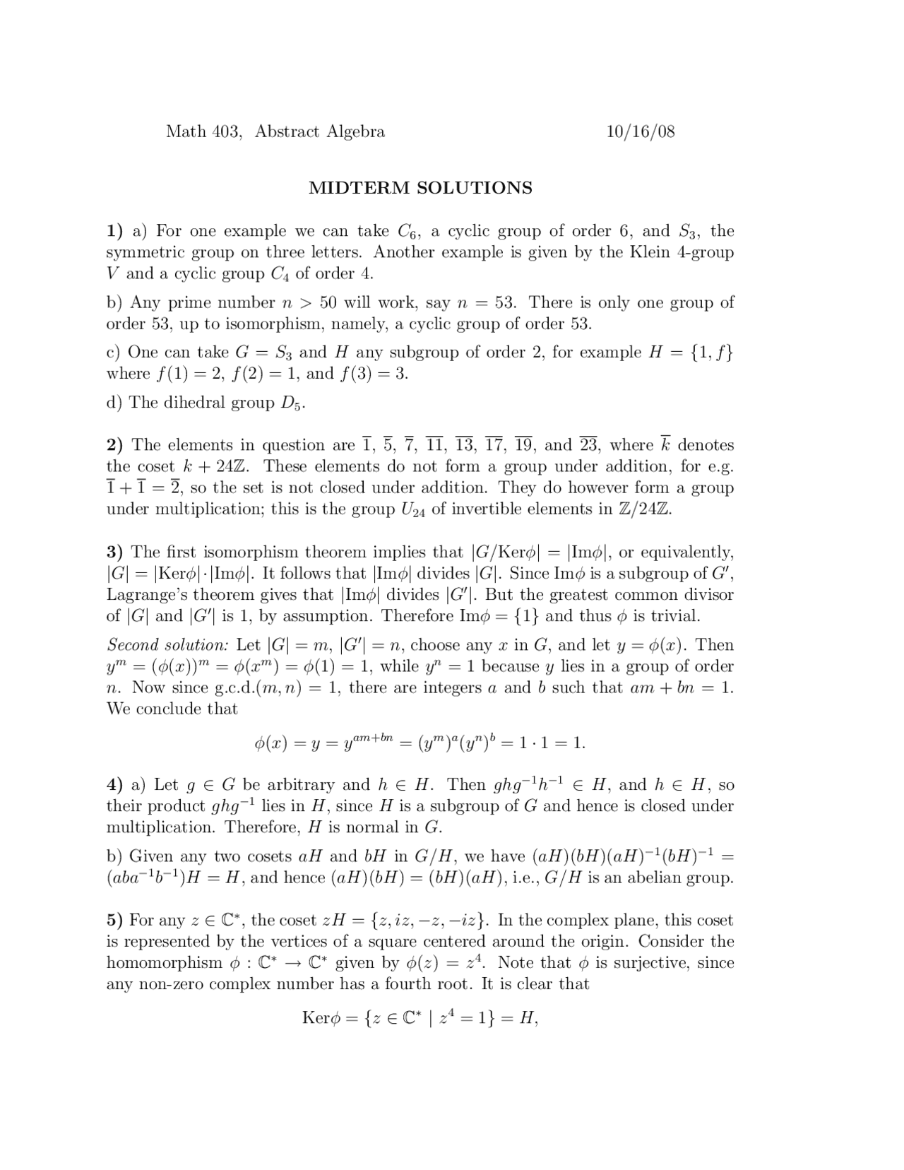 Solutions to Midterm Exam on Introduction to Abstract Algebra | MATH ...