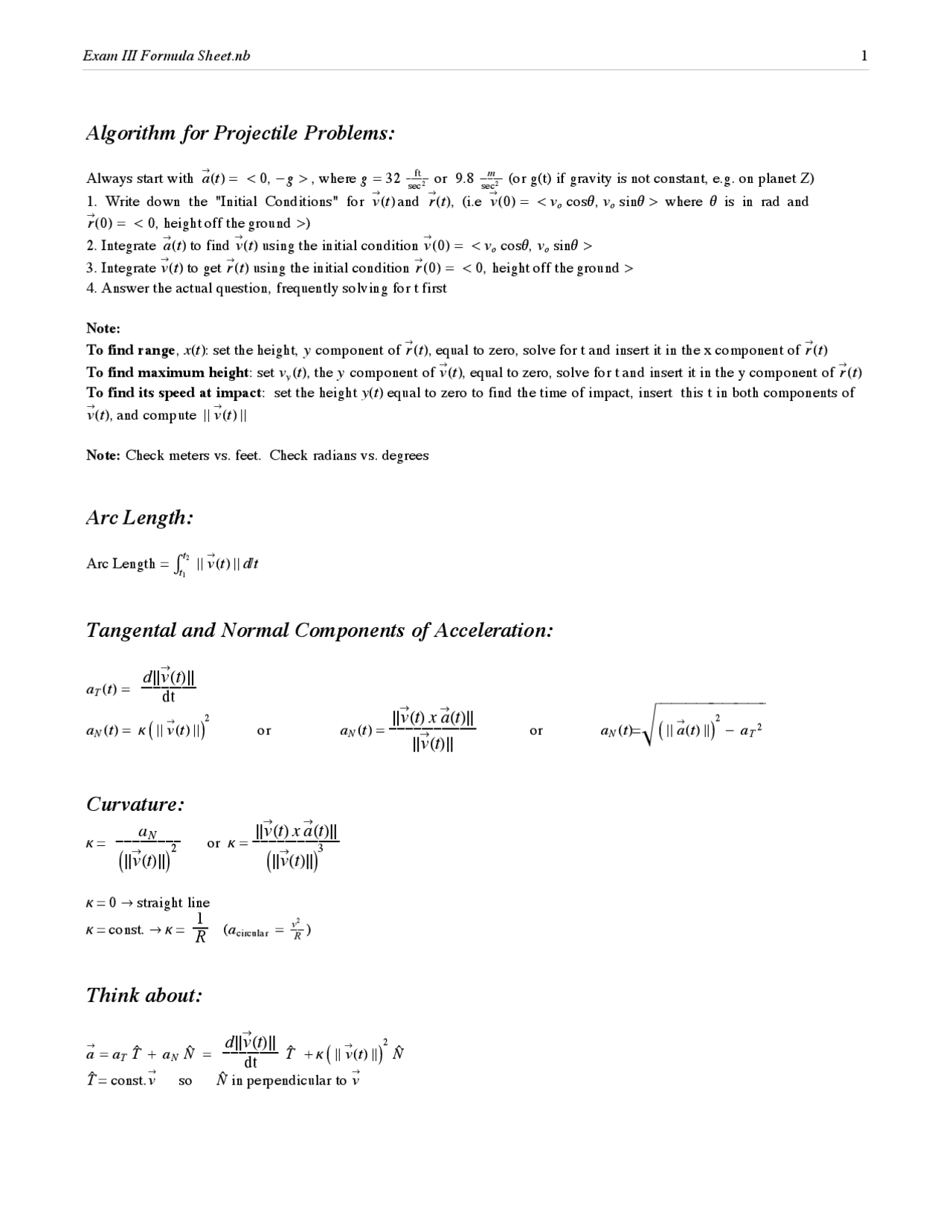 Vector Math Formula Sheet Exam 3 Formula Sheet | Vector Geometry | MATH 1224H - Docsity