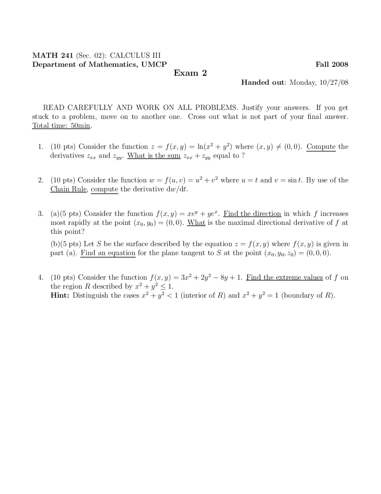 Examination 2 Practice Problems on Calculus III - Fall 2008 | MATH 241 ...