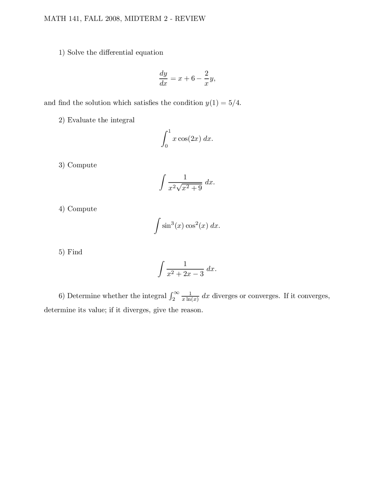 Review Sheet for Midterm Examination 2 - Calculus II | MATH 141 - Docsity