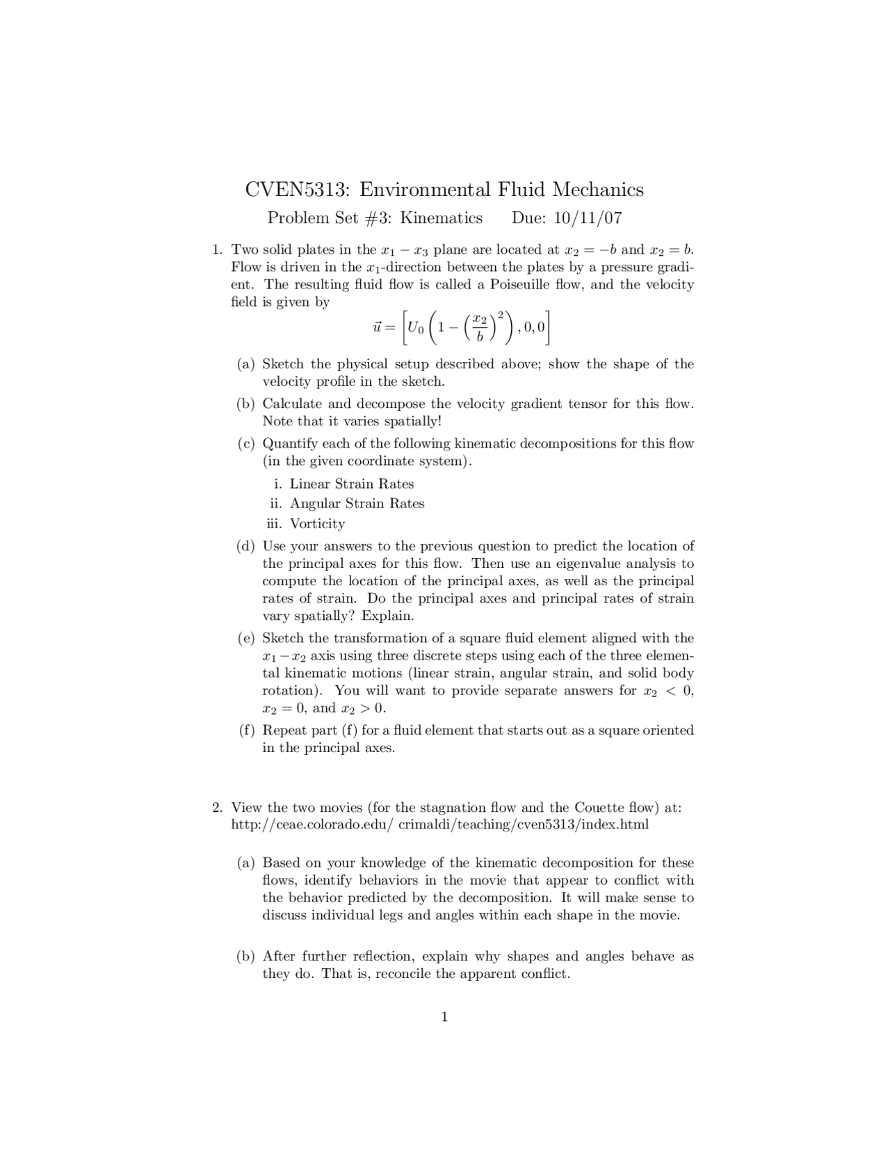 Kinematics - Environmental Fluid Mechanics - Problem Set III | CVEN ...