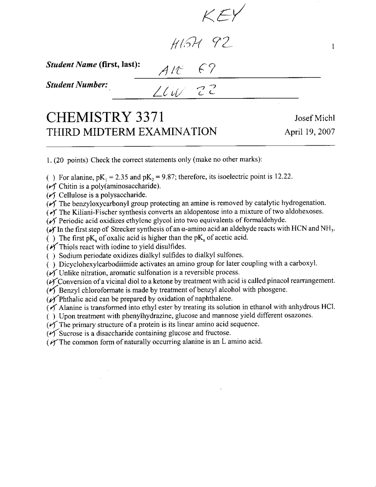 Midterm Exam 3 Questions with Answers - Organic Chemistry II | CHEM ...