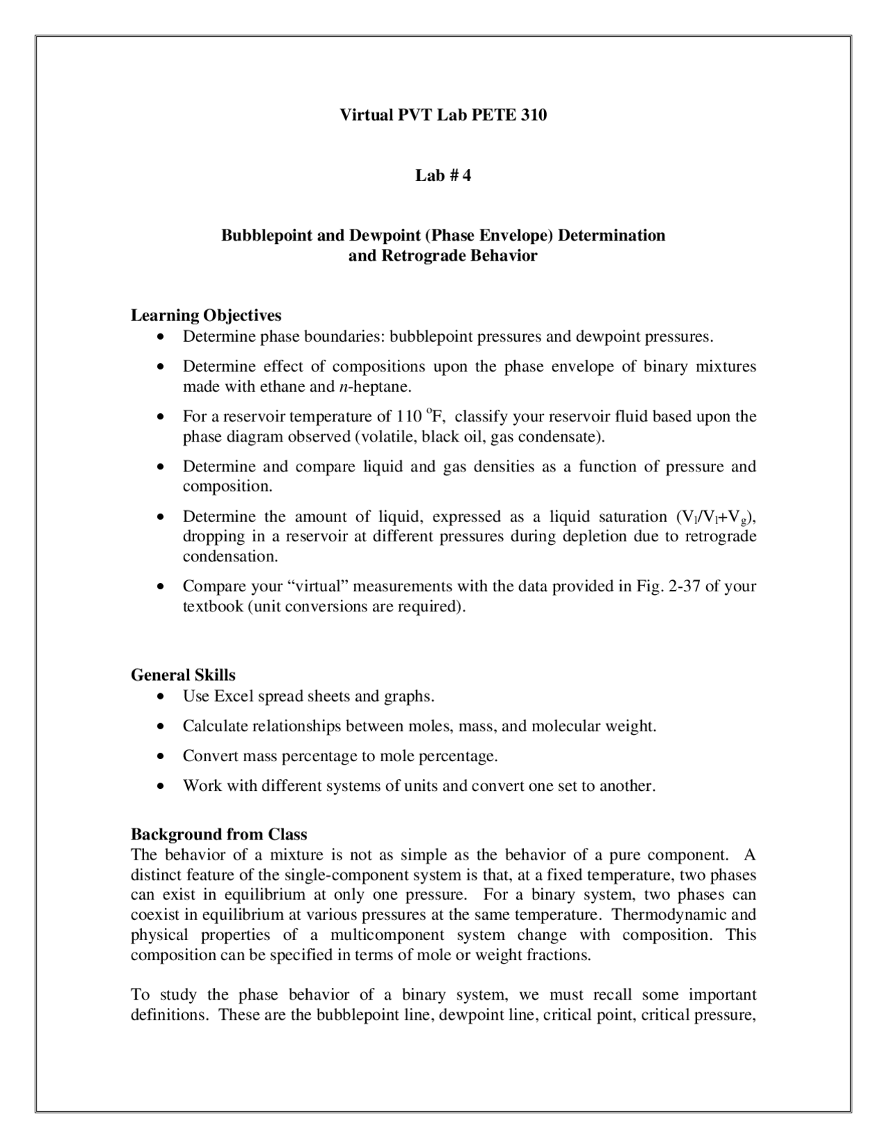 Bubble Point and Dew Point Determination and Retrograde Behavior - Lab ...