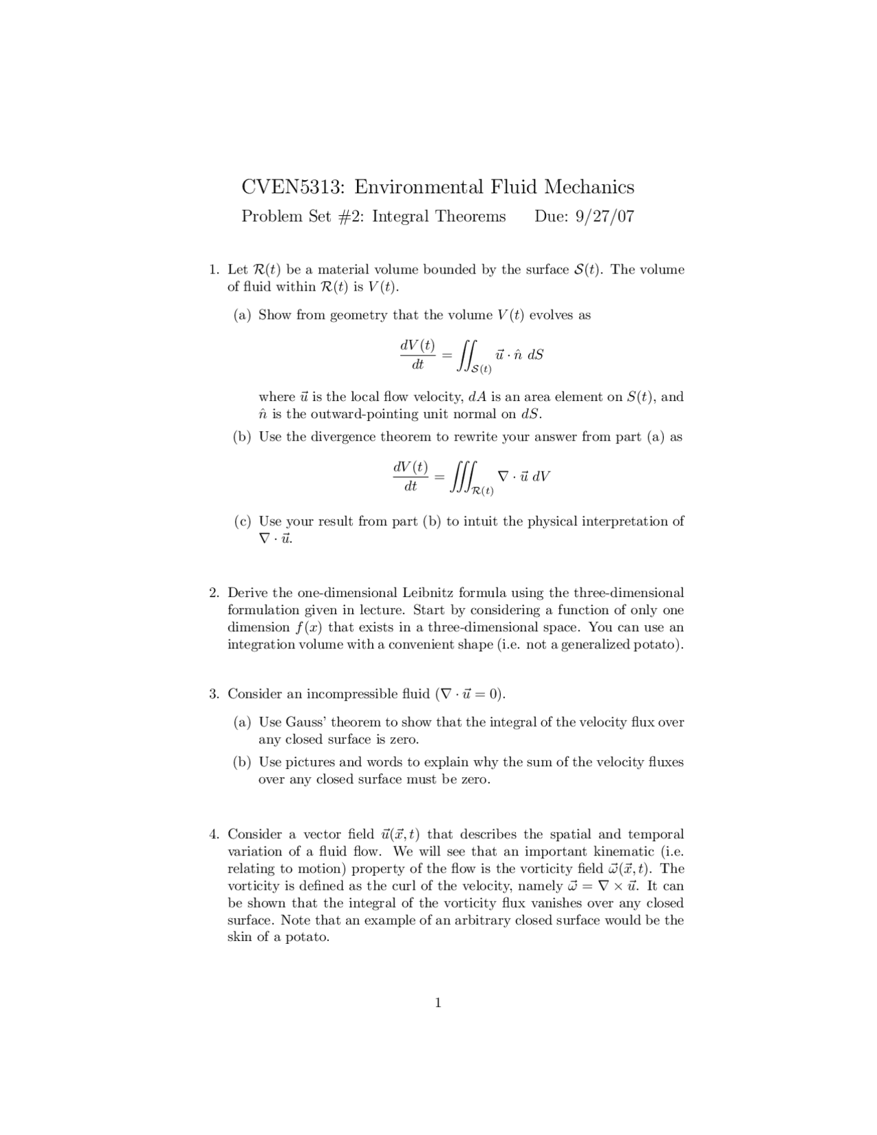 Problem Set 2: Integrals Theorems - Environmental Fluid Mechanics ...