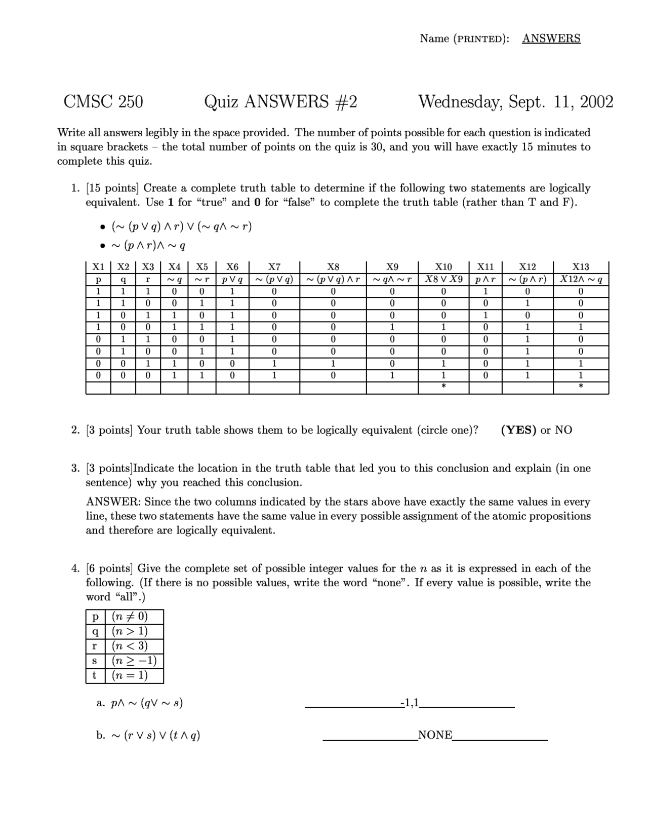 Quiz 2 with Answers - Discrete Structures - 2002 | CMSC 250 - Docsity