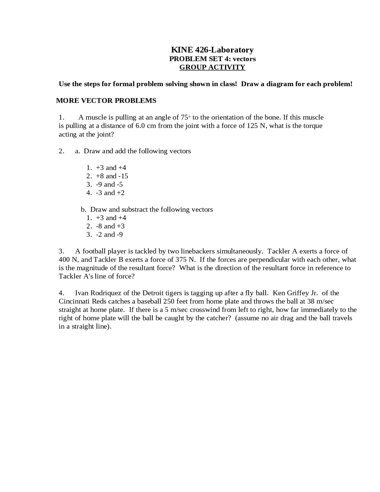 Problem Set 4: Vector, Group Activity | KINE 426 | Lab Reports Biomechanics  - Docsity