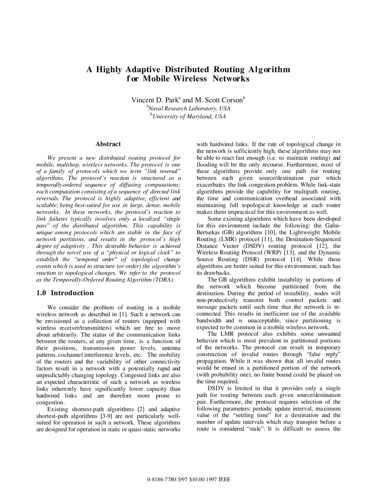 Highly Adaptive Distributed Routing Algorithm Mobile Wireless Networks ...