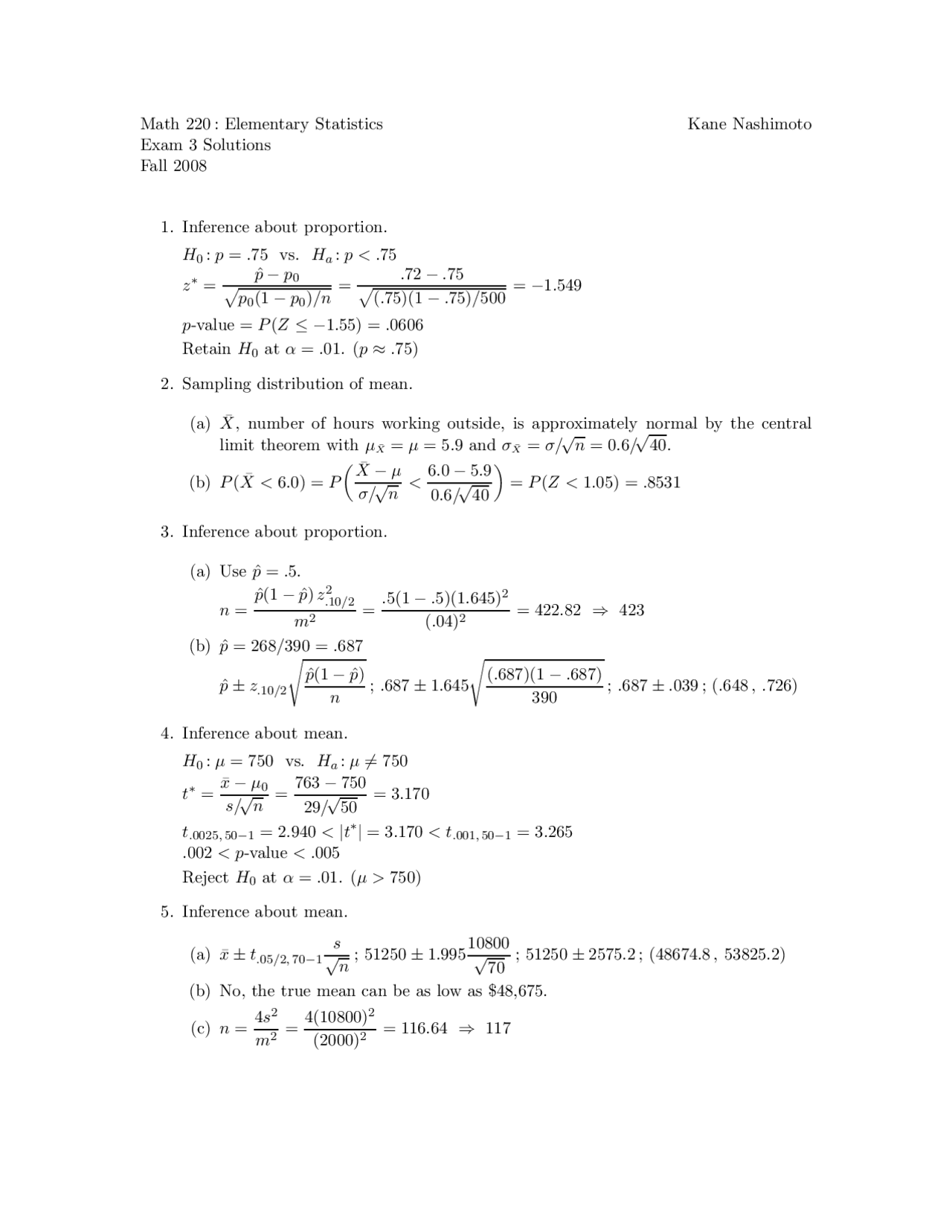 Elementary Statistics - Midterm Exam 3 with Solutions | MATH 220 - Docsity