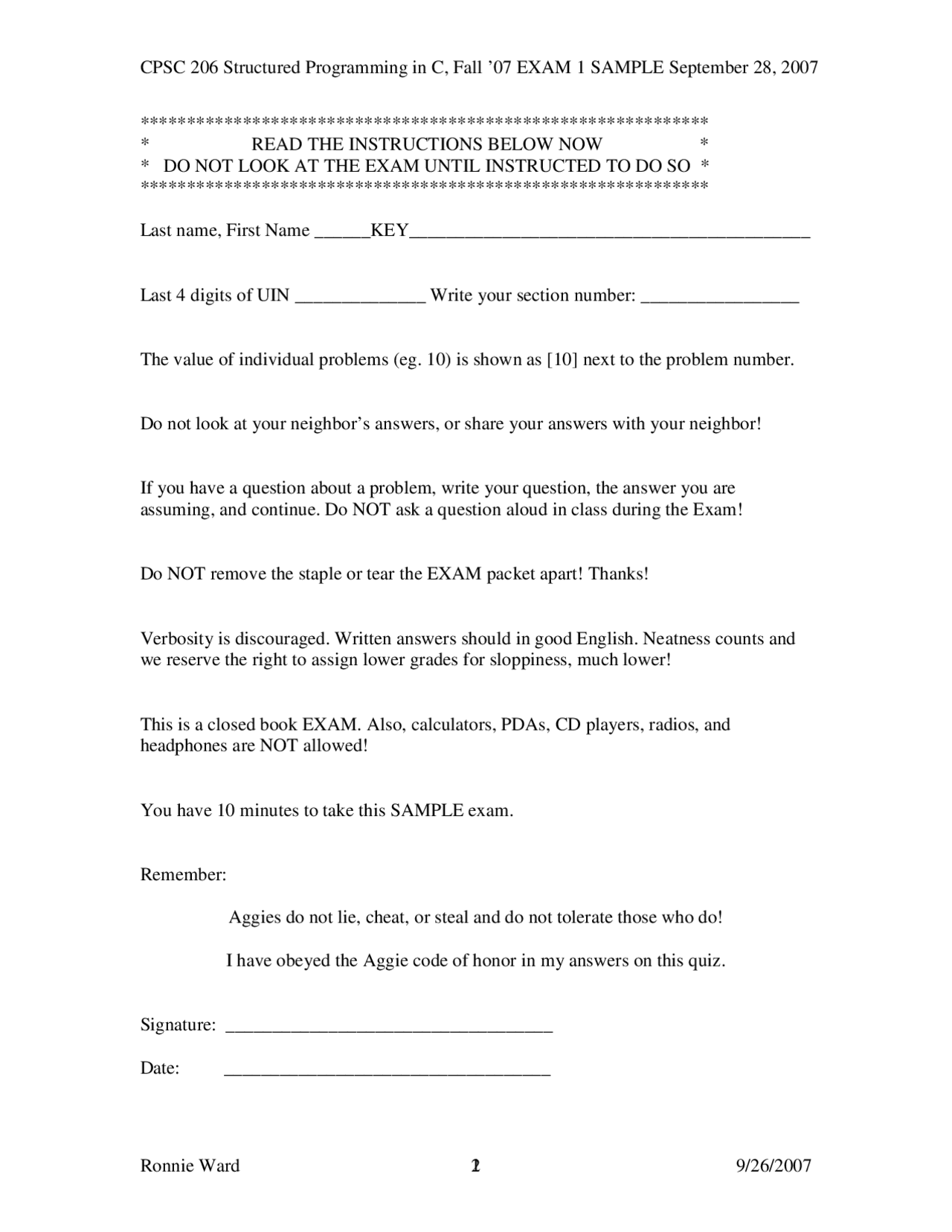 Exam 1 Sample | Structured Programming in C | CPSC 206 - Docsity