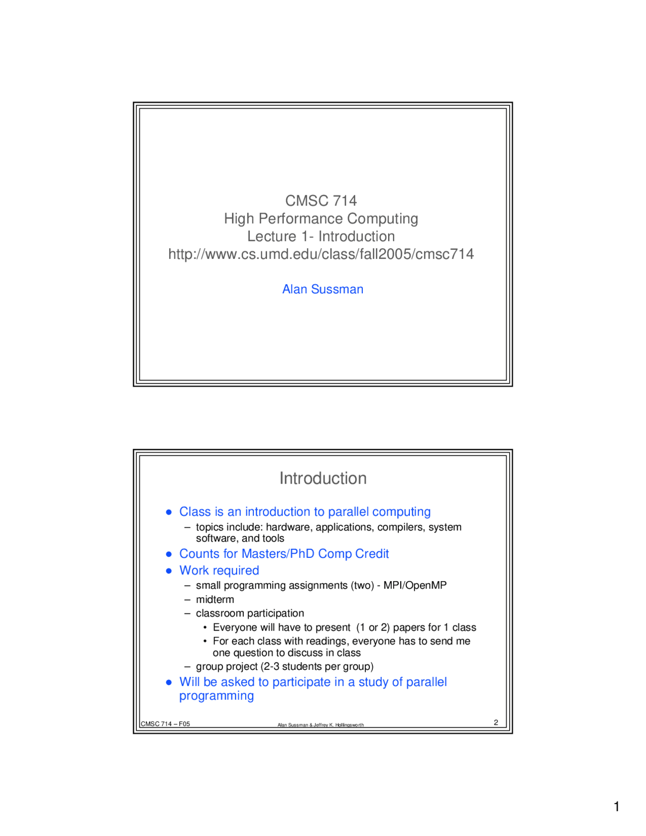 High Performance Computing Lecture 1 - Lecture Slides | CMSC 714 - Docsity