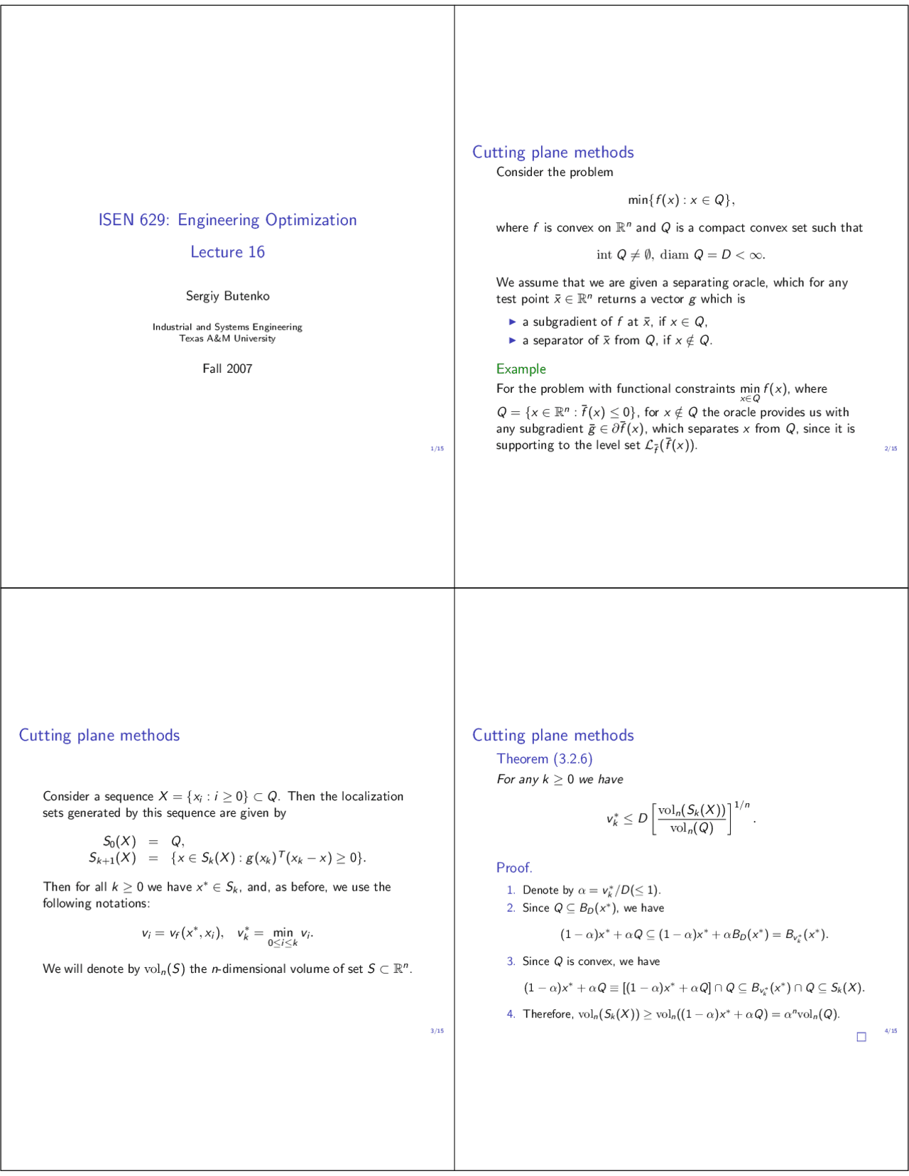 Cutting Plane Methods Lecture 16 Engineering Optimization ISEN 629 cutting-plane-methods-lecture-16-engineering-optimization-isen-629