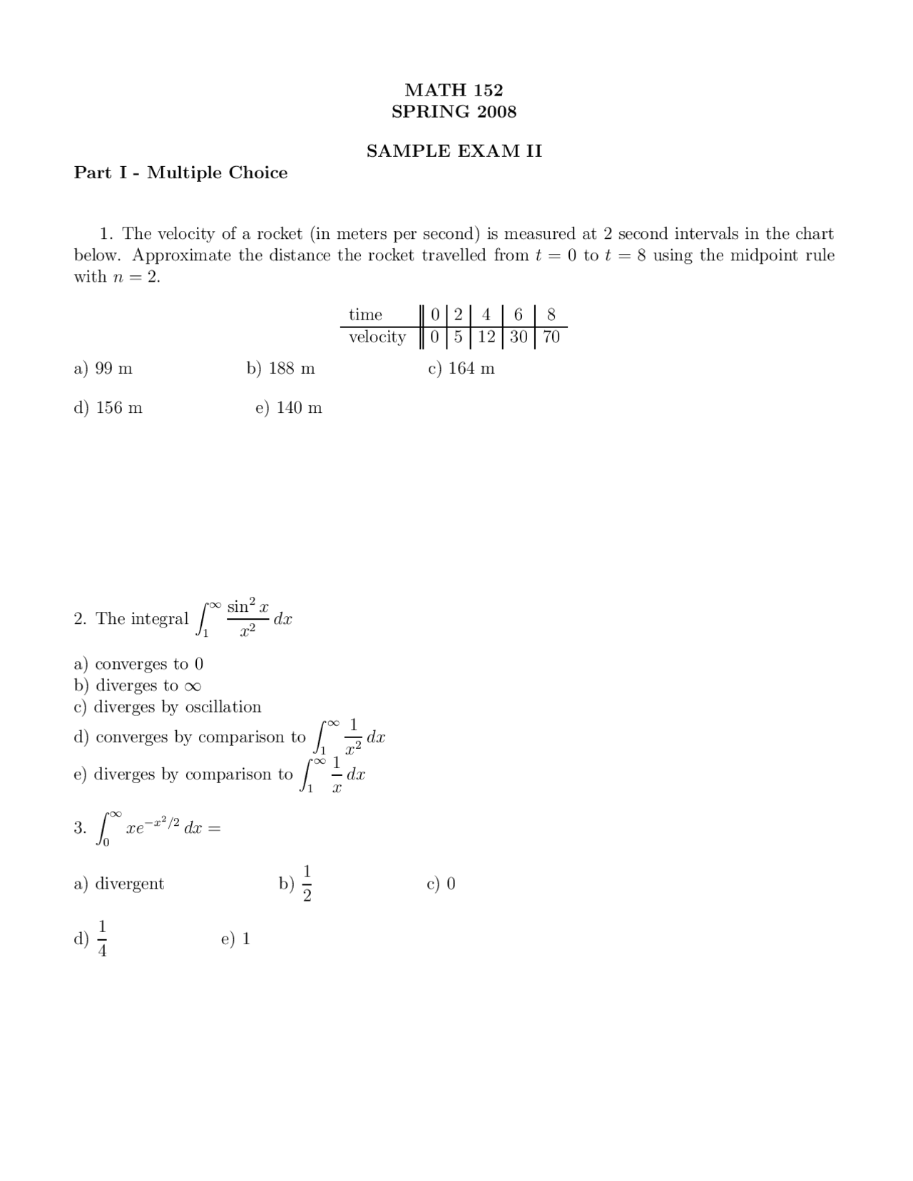 Math 152 Sample Exam 2 - Multiple Choice - Engineering Mathematics II | MATH 152 ...