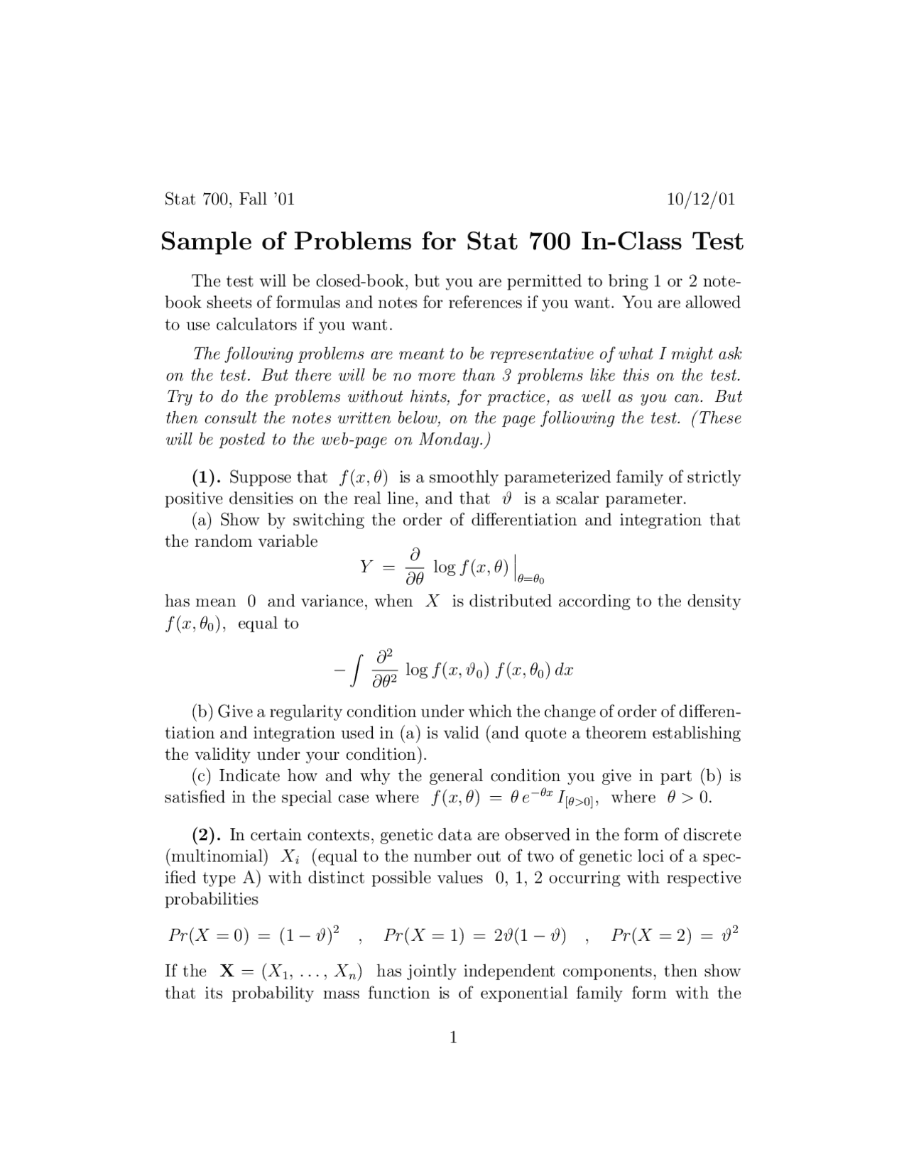Statiscovd Sample Math Problem Advanced Sample Problems for Math Statistics I | STAT 700 - Docsity