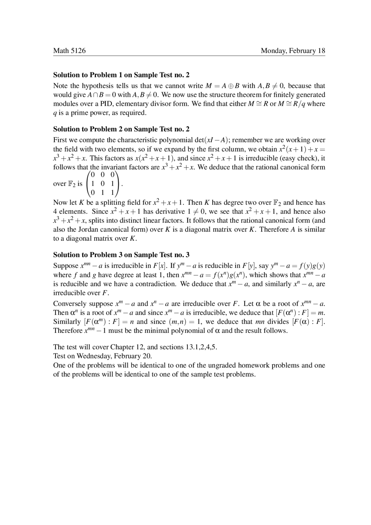 Abstract Algebra Example Question Sample Test 2 with Solved Problems for Abstract Algebra | MATH 5126 ...