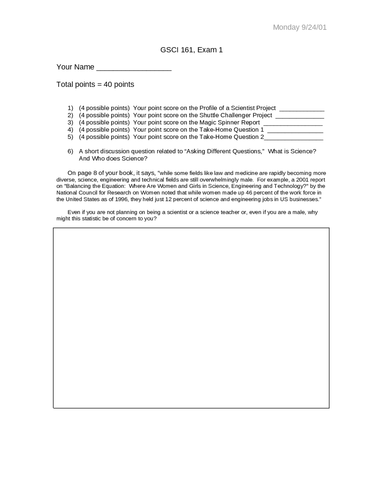 Examination 1 Practice Questions - Science Processes | GSCI 161 - Docsity