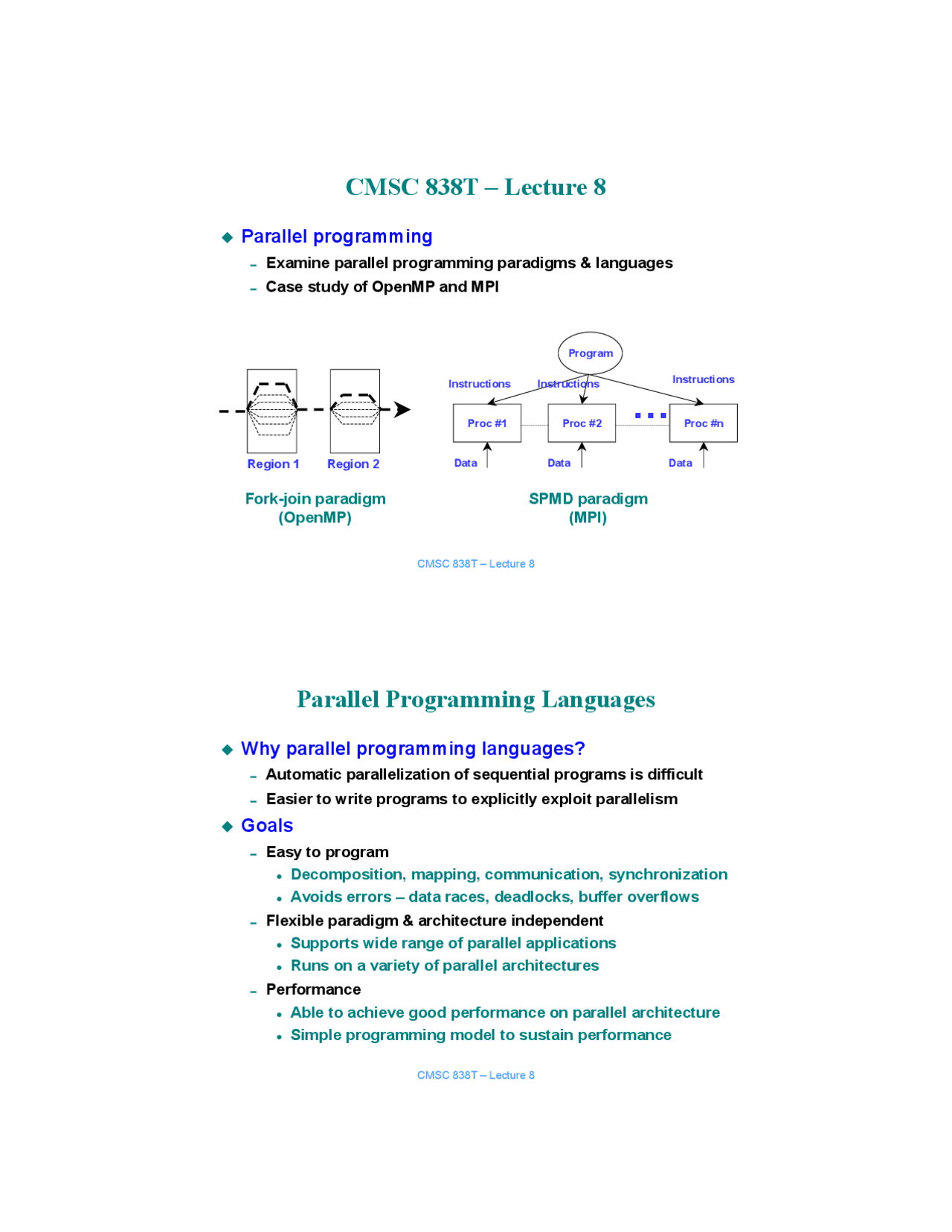 Parallel Programming Languages - Lecture Notes | CMSC 838 - Docsity
