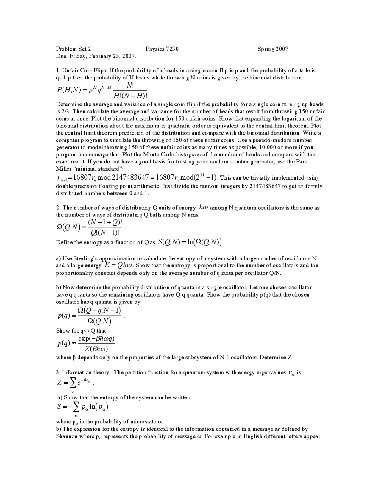 Problem Set 2 Study Questions Statistical Mechanics Phys 7230 Docsity Problem Set 2 Study Questions Statistical Mechanics Phys 7230 Docsity
