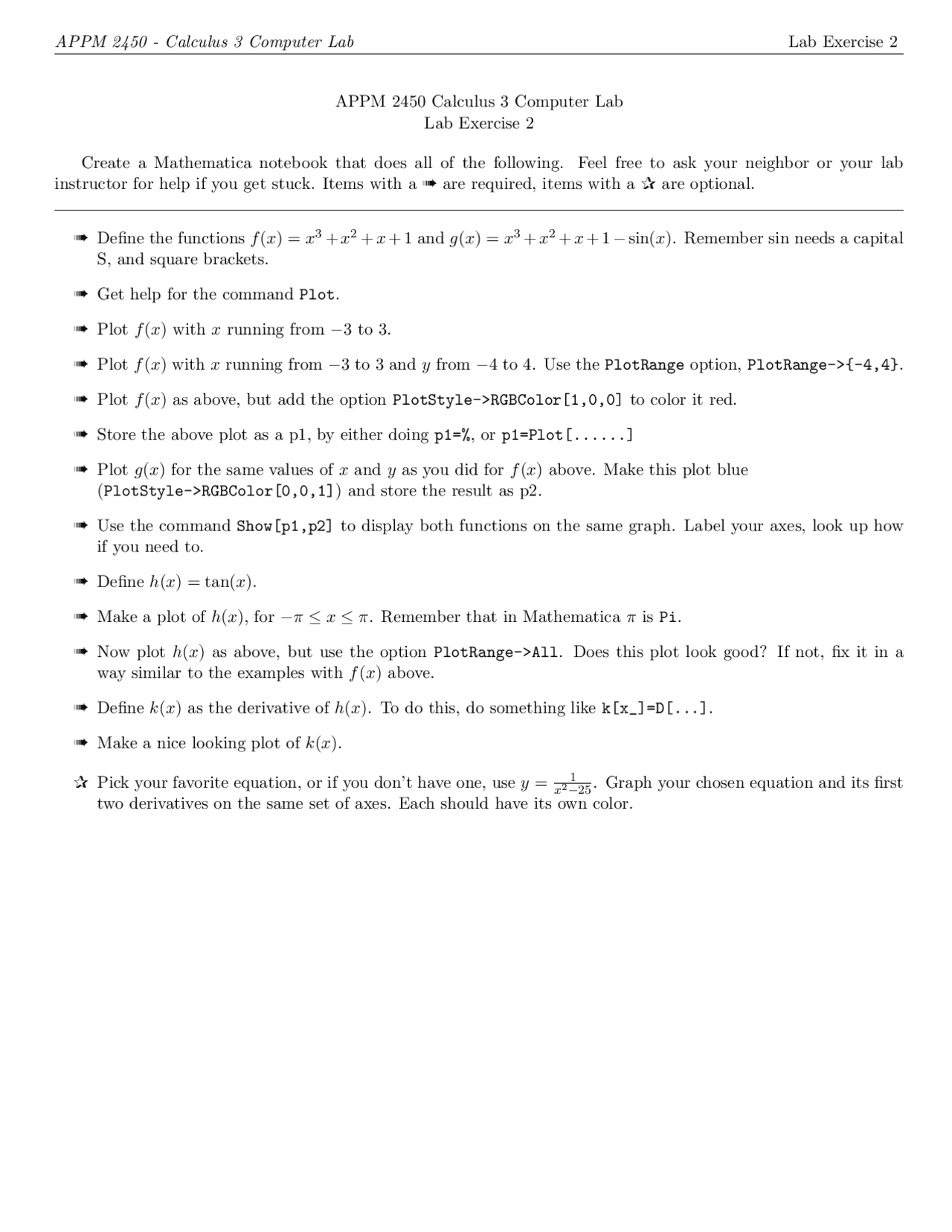 Lab Exercise 2 - Calculus III Computer Lab | APPM 2450 - Docsity