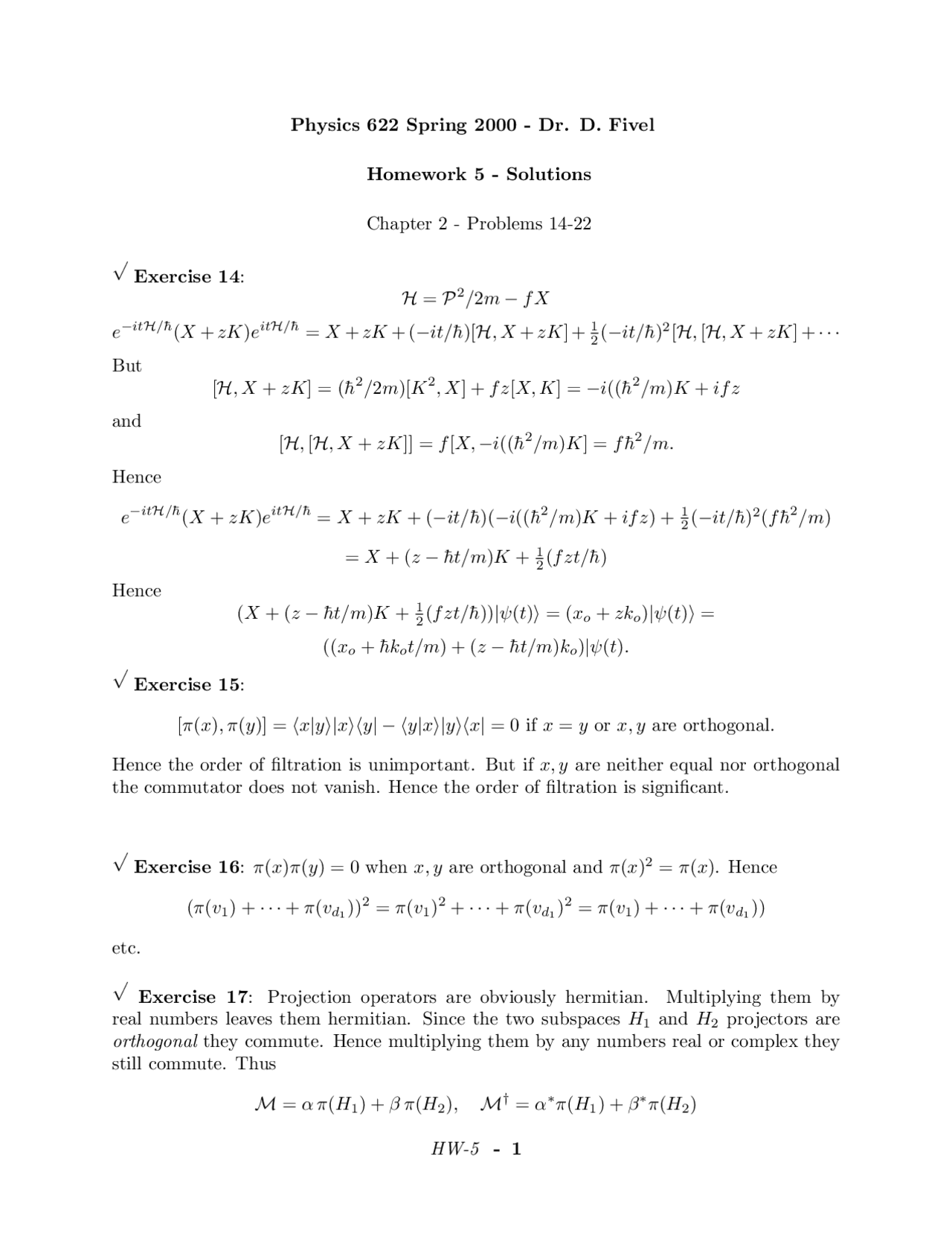 Quantum Physics Homework Example Homework 5 Solution - Introduction Quantum Mechanics I | PHYS 622 - Docsity