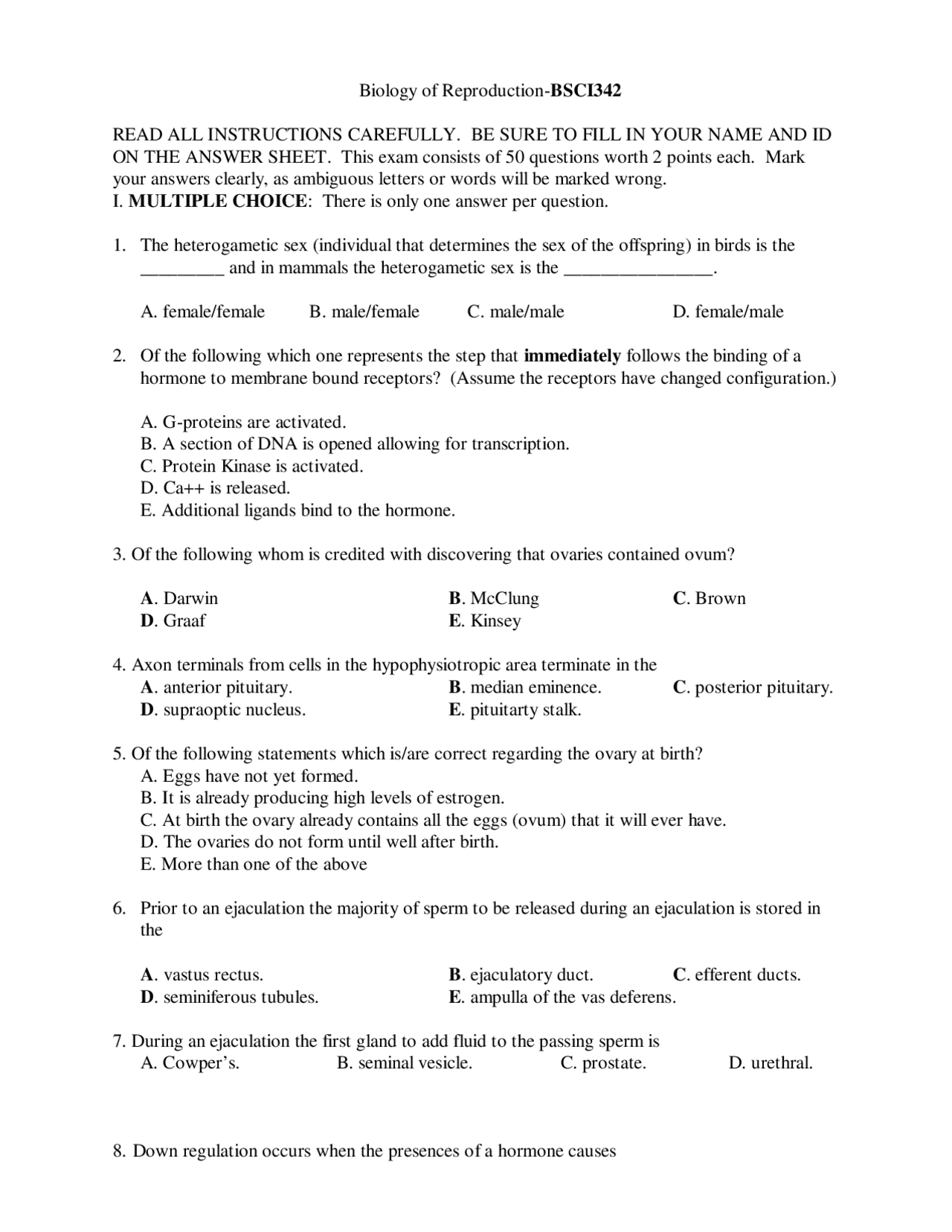 Biology of Reproduction - Exam 1 Questions | BSCI 342 - Docsity
