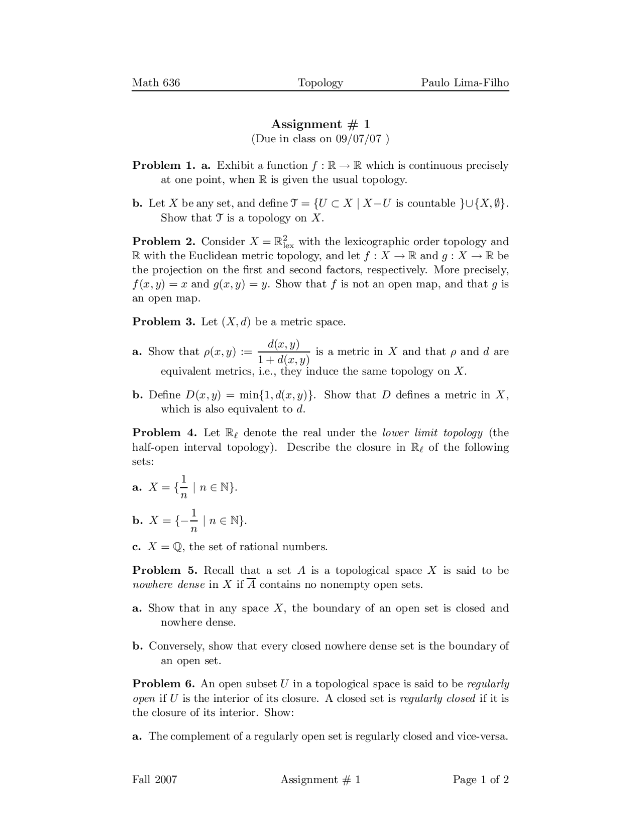 10 Problems on the Euclidean Topology - Homework 1 | MATH 636 - Docsity