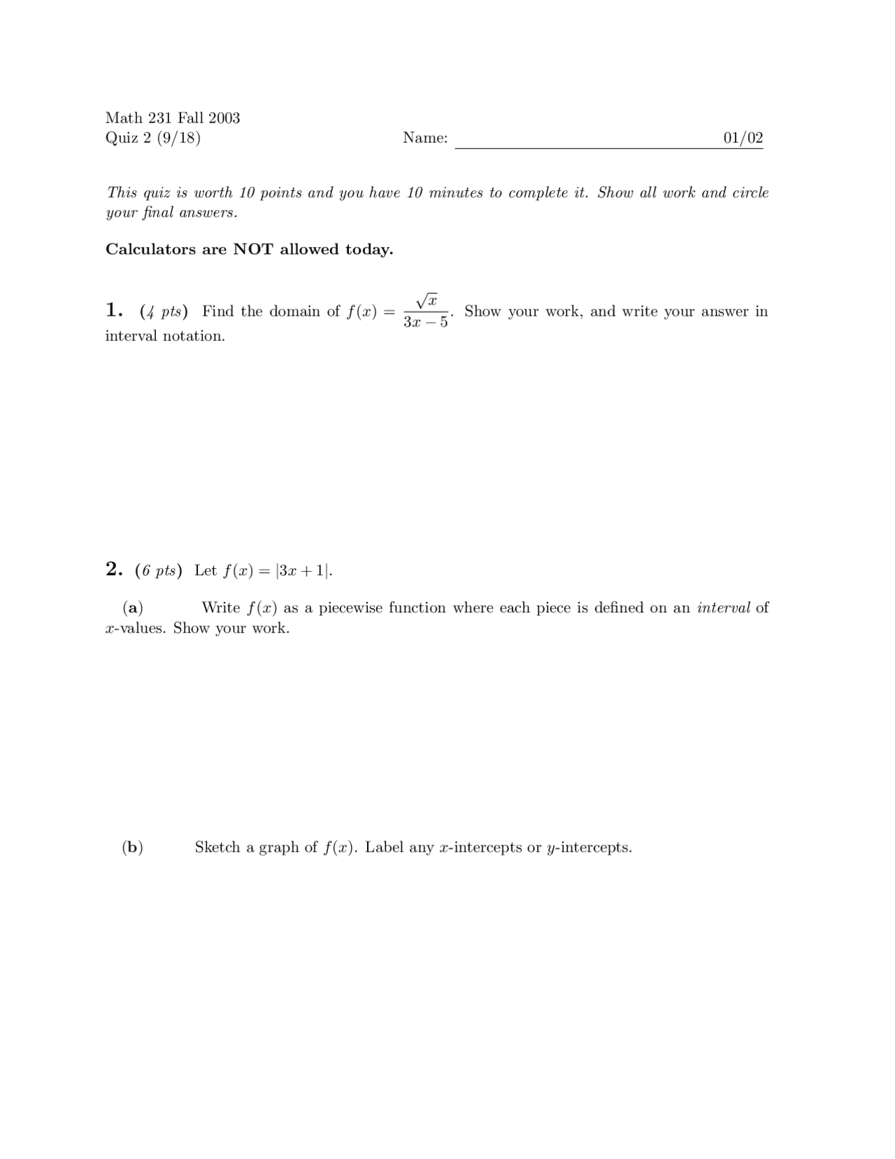 2 Problems on Calculus - Quiz 2 - Fall 2003 | MATH 231 - Docsity