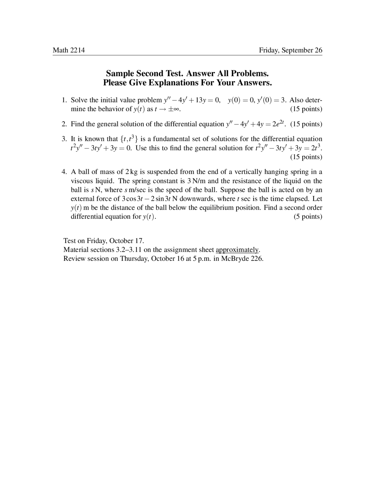 Sample Test Math 2204 Sample Second Test - Introduction to Differential Equations | MATH 2214 ...