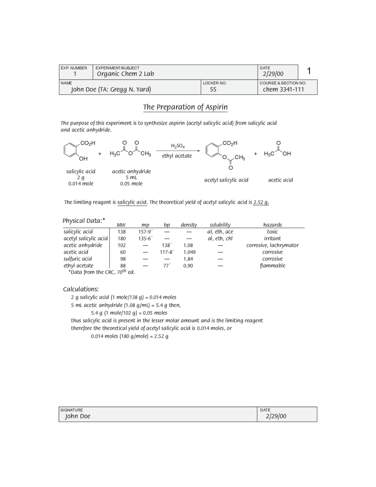 The Preparation of Aspirin Organic Chemistry 2 Lab CHEM 3341 Docsity