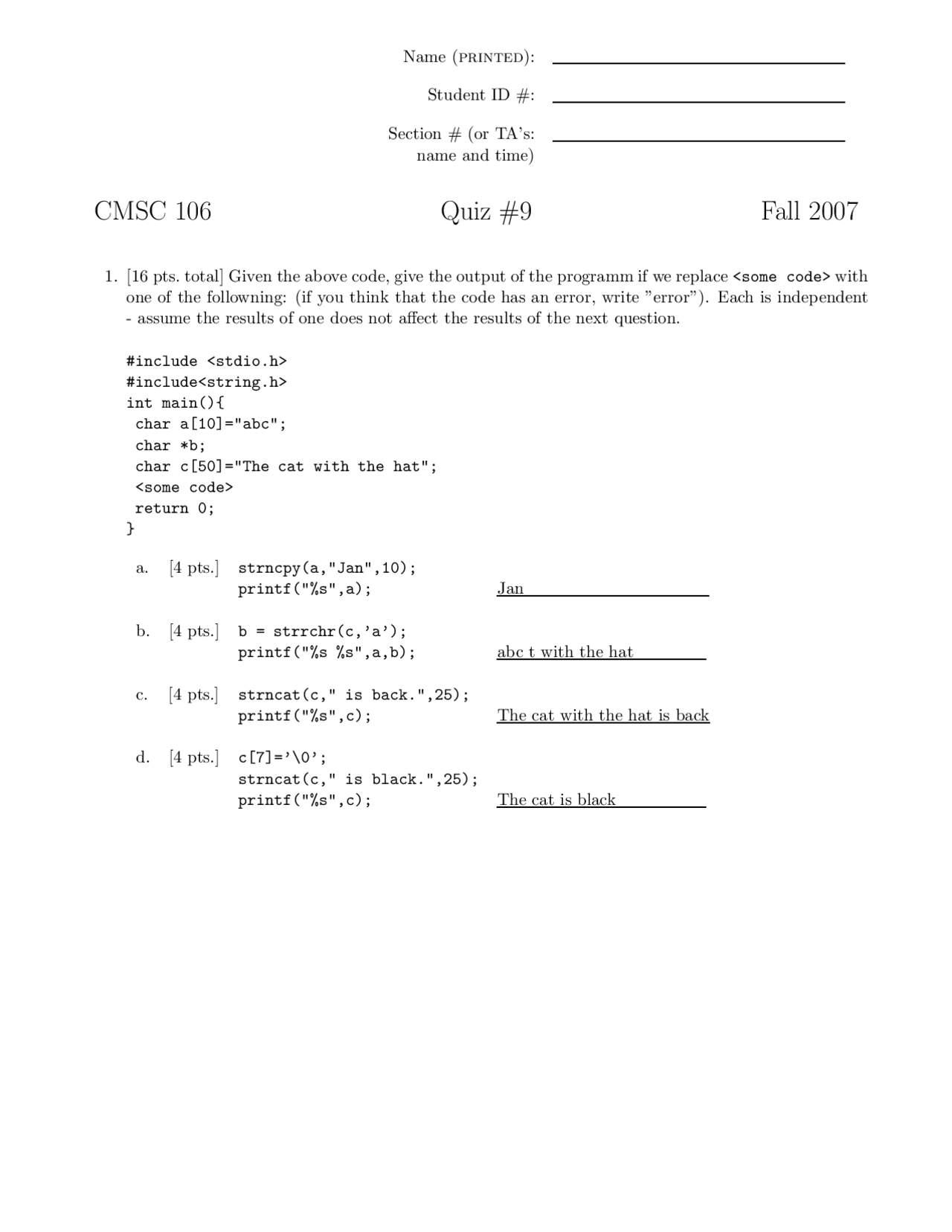 Quiz 9 for Introduction C Programming | CMSC 106 | Quizzes Computer ...