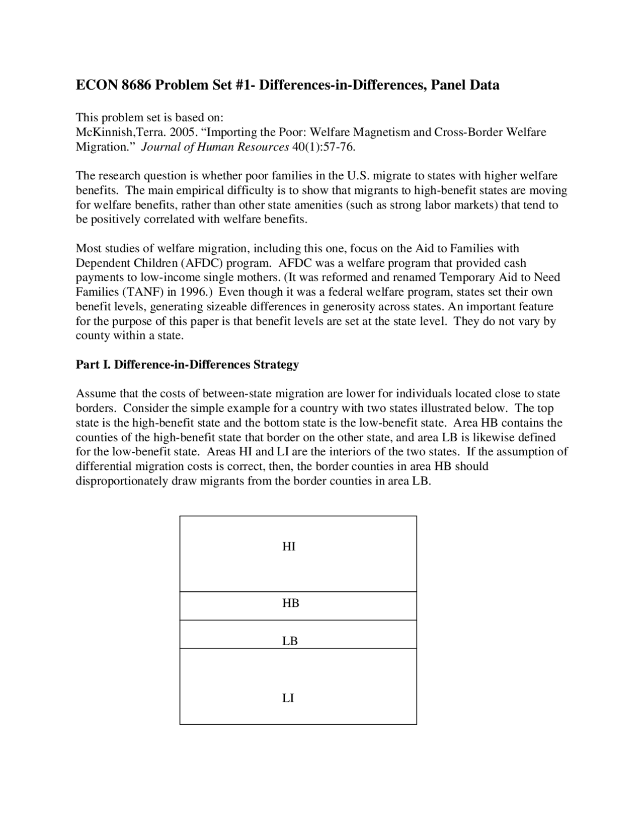 Problem Set 1 Differences in Differences, Panel Data ECON 8686
