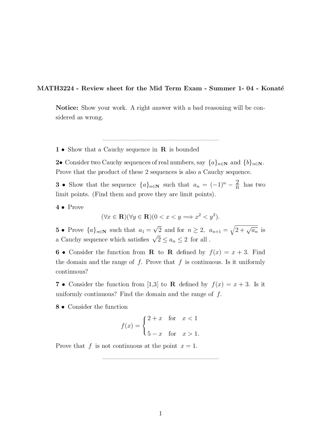 Advanced Calculus - Review Sheet for Midterm Exam | MATH 3224 | Study ...